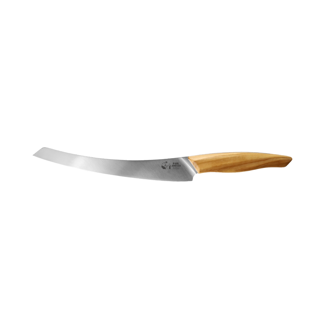 Beluga Slicer knife with a curved blade and an olive wood handle for versatile cutting.