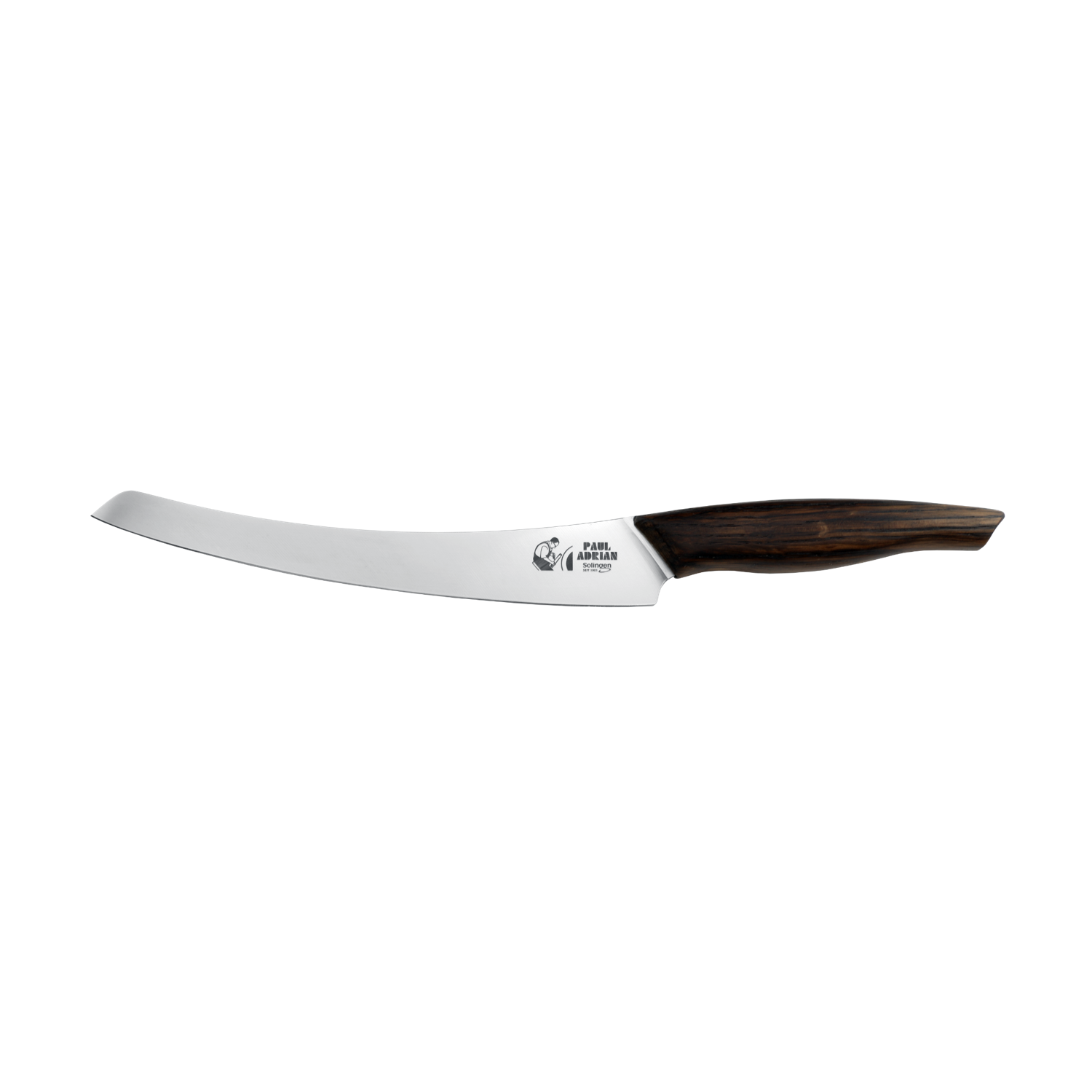 Beluga Slicer knife with a curved stainless steel blade and a dark wood handle.