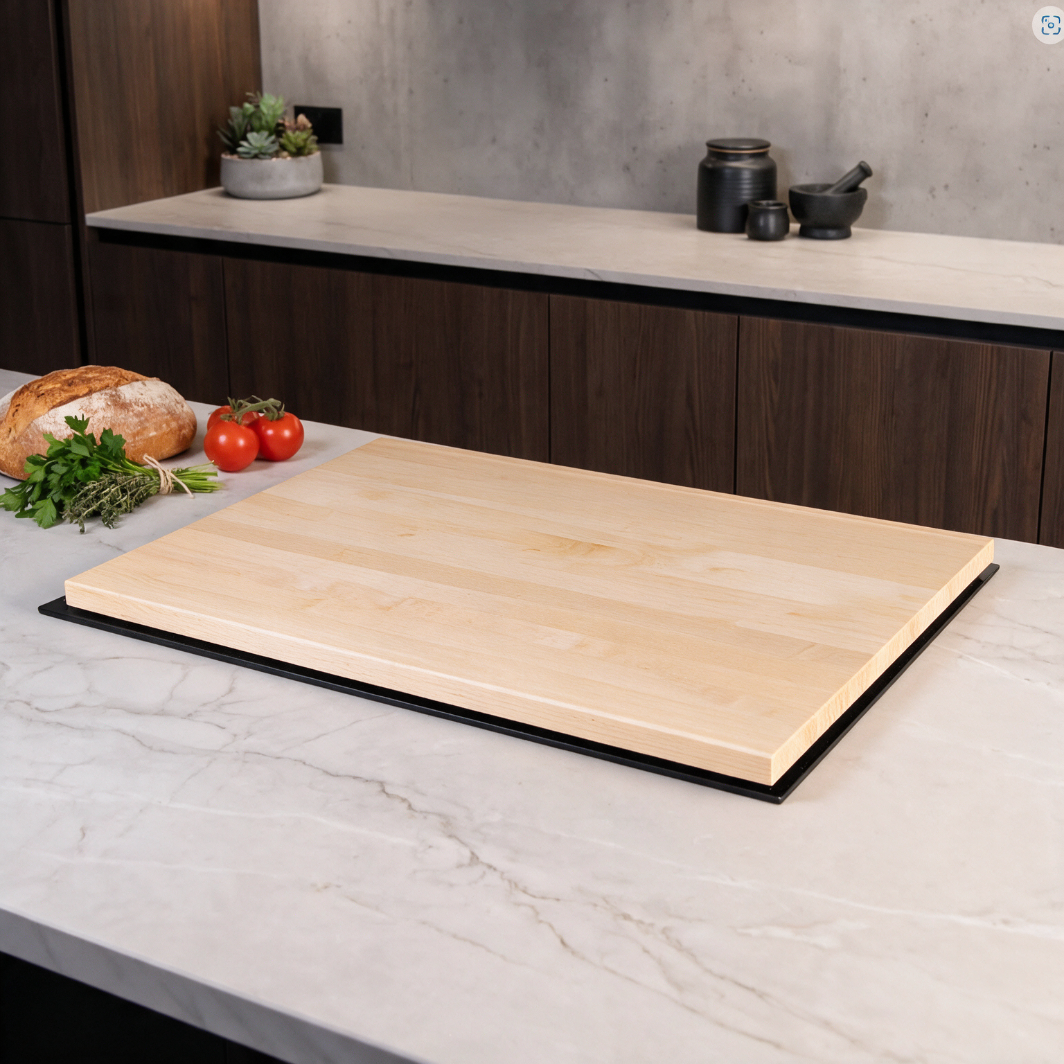 Kochfeldabdeckung aus Ahornholz auf einer modernen Küchenoberfläche, elegante und funktionale Gestaltung.
