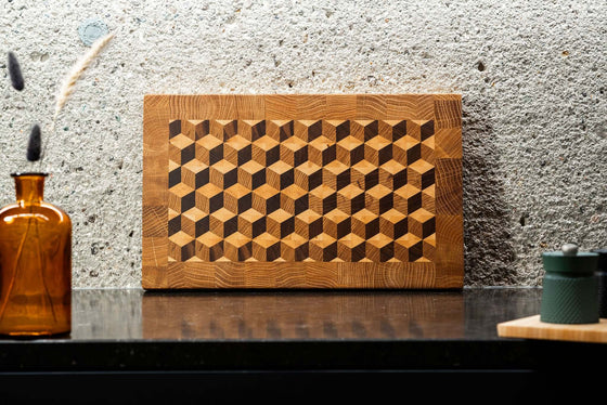 3D Würfel Stirnholzschneidebrett mit Eichen Rand