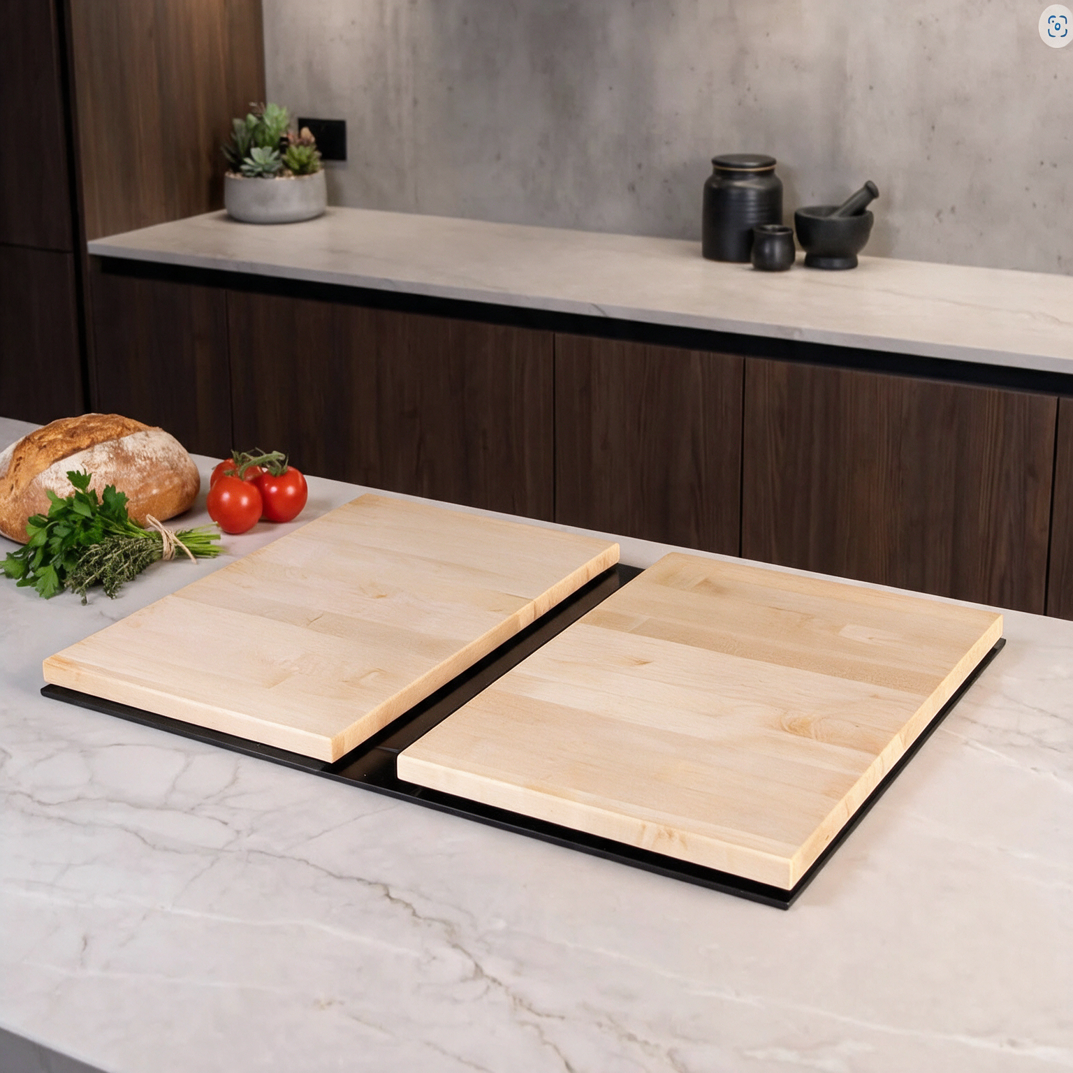 zweiteilige Kochfeldabdeckung Ahornholz auf einer modernen Küchentheke mit Holz- und Steinoberflächen.