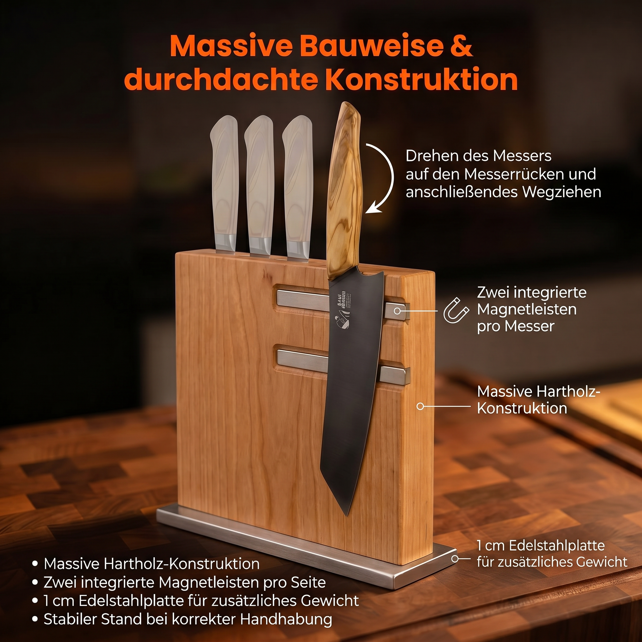 Messerblock aus Kirschbaum und Edelstahl